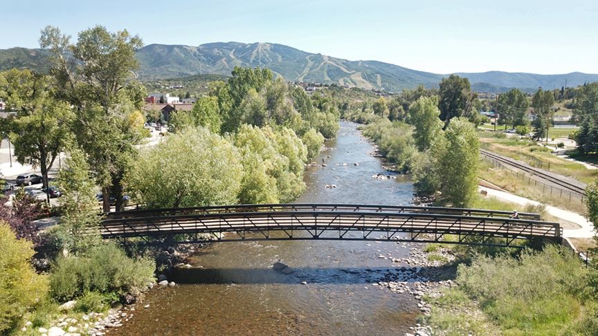Aerial view of a bridge crossing over the Yampa River