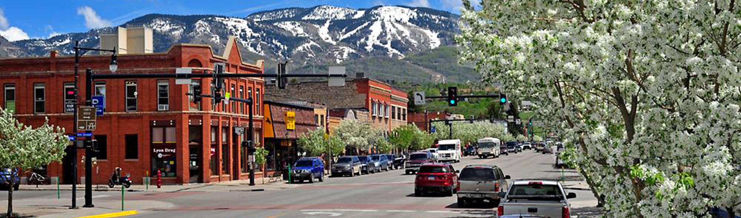 Downtown view with snow on mountain