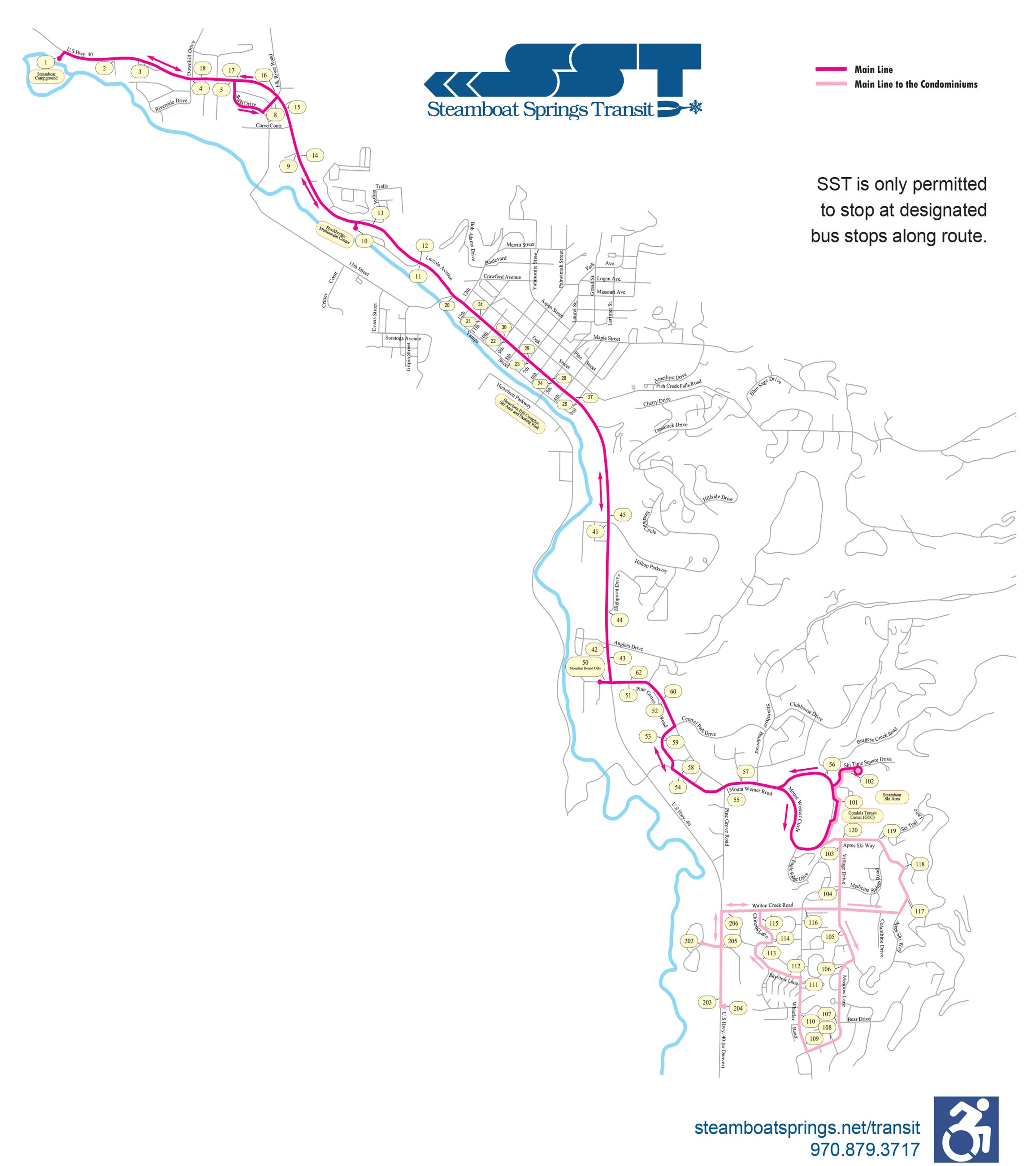 Steamboat Springs Transit Route Map for the Main Line. 