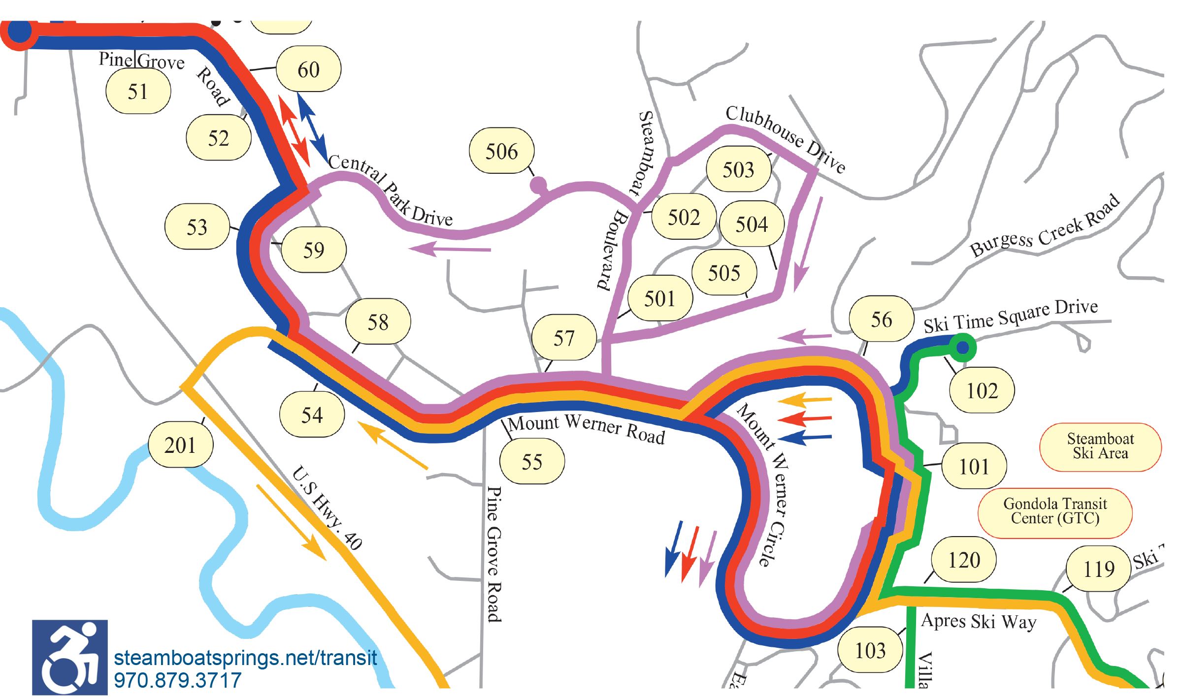 Steamboat Springs Transit Route Map for the Purple Line. 