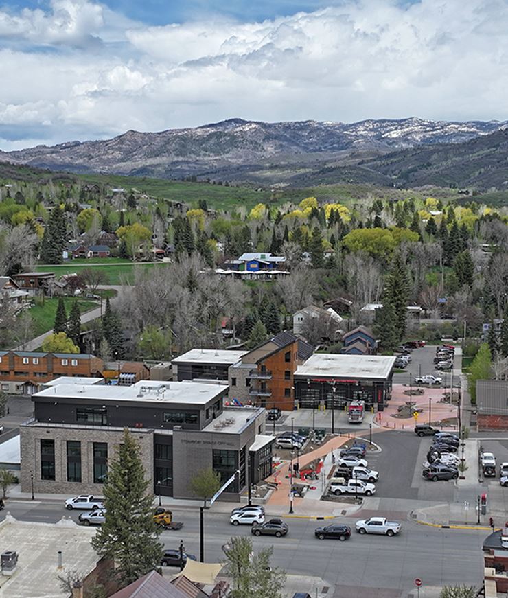 Aerial view of City Hall and Fire Station 1