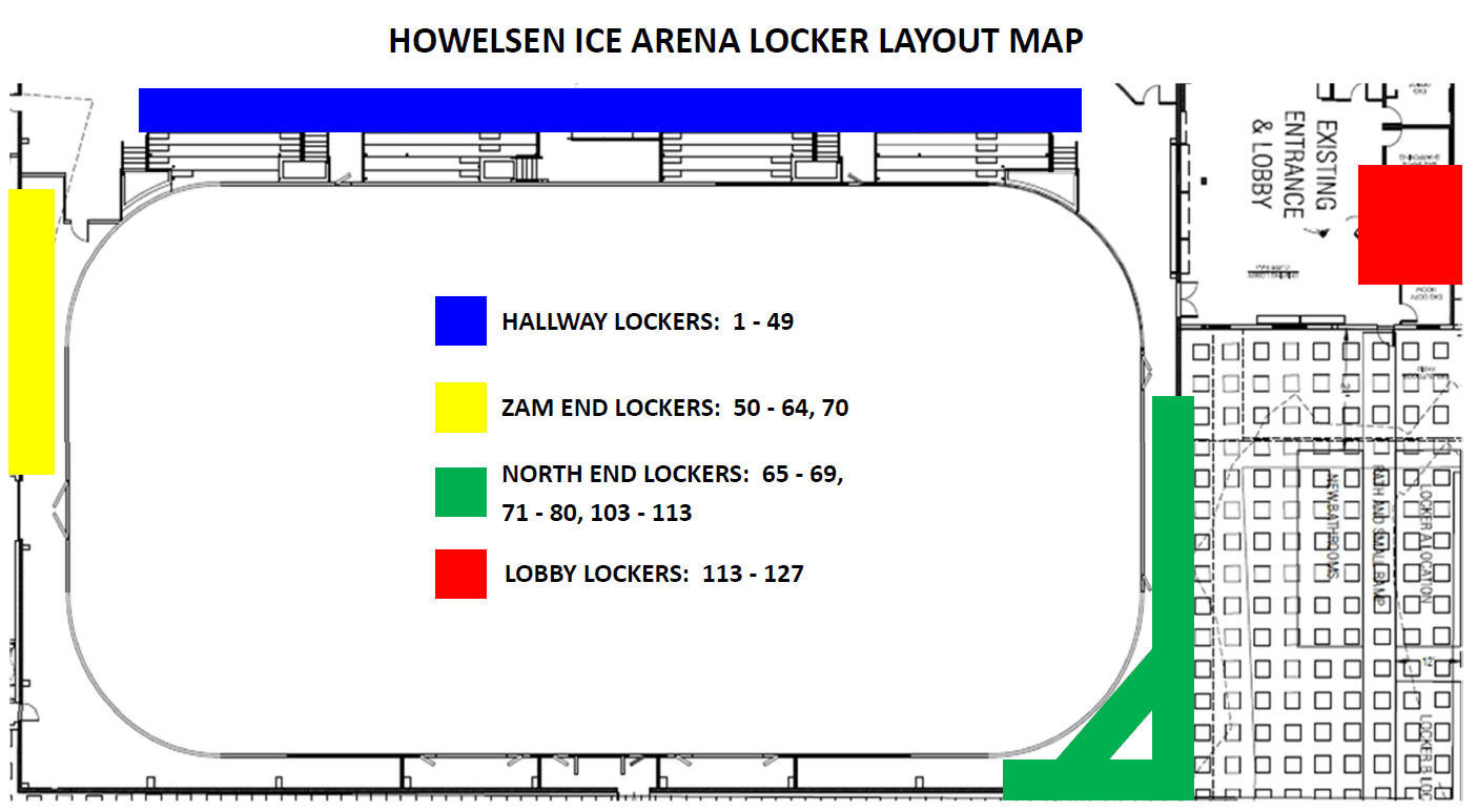 HIA Locker Layout Map showing the locations of the four groupings of lcokers: Hallway, Zam end, North end and Lobby lockers