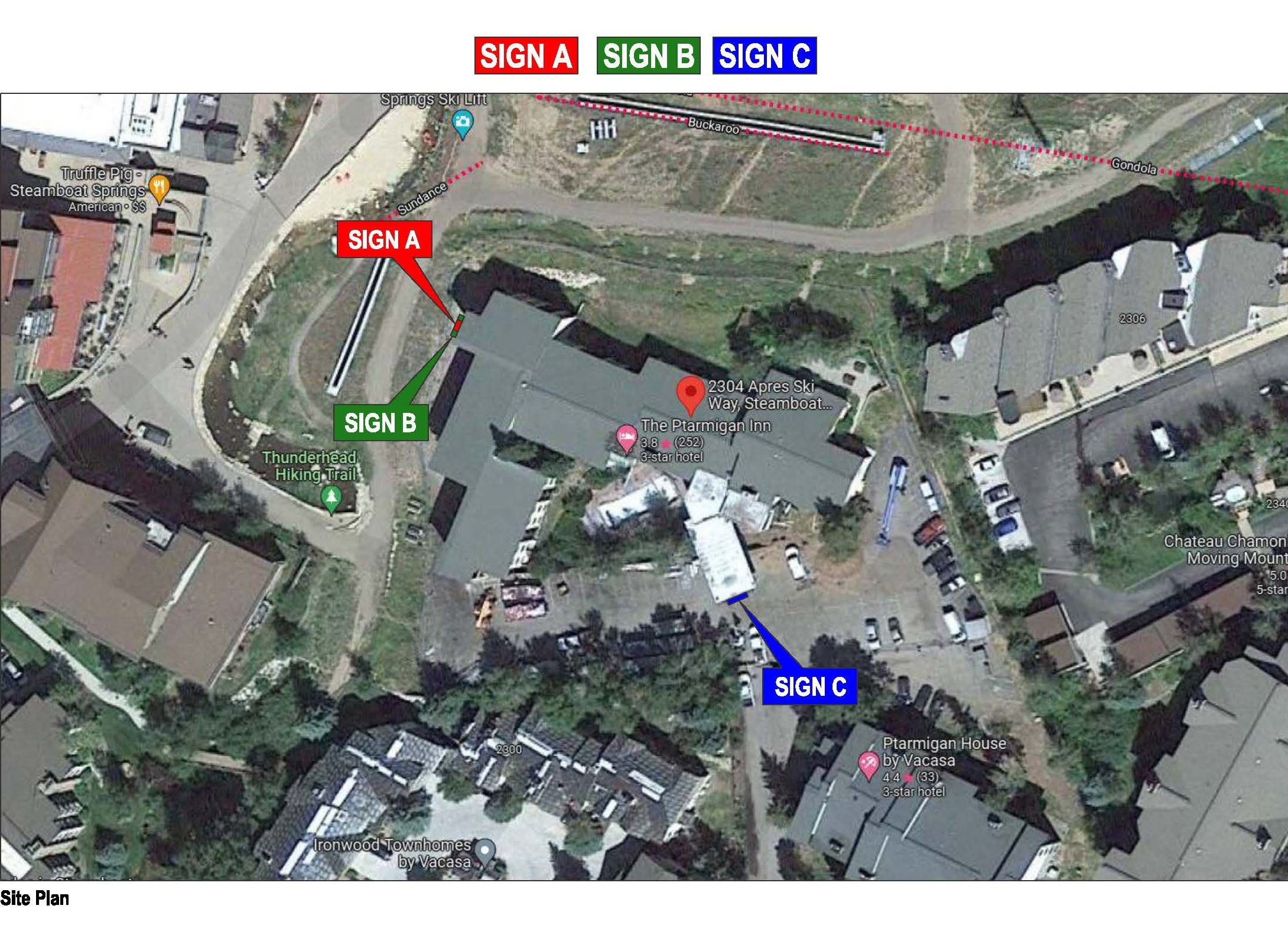 Site Plan Example, an aerial view of the Ptarmigan Inn and the location of its signage